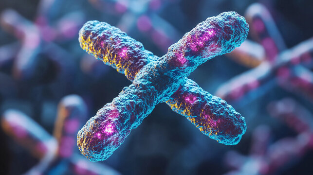 3D X and Y chromosomes float in glowing digital space with blue red gold and silver tones symbolizing genetics gender identity biotechnology and the fusion of science and modern technology

