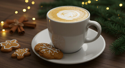 Festive Cappuccino With Gingerbread Cookies On A Cozy Winter Day