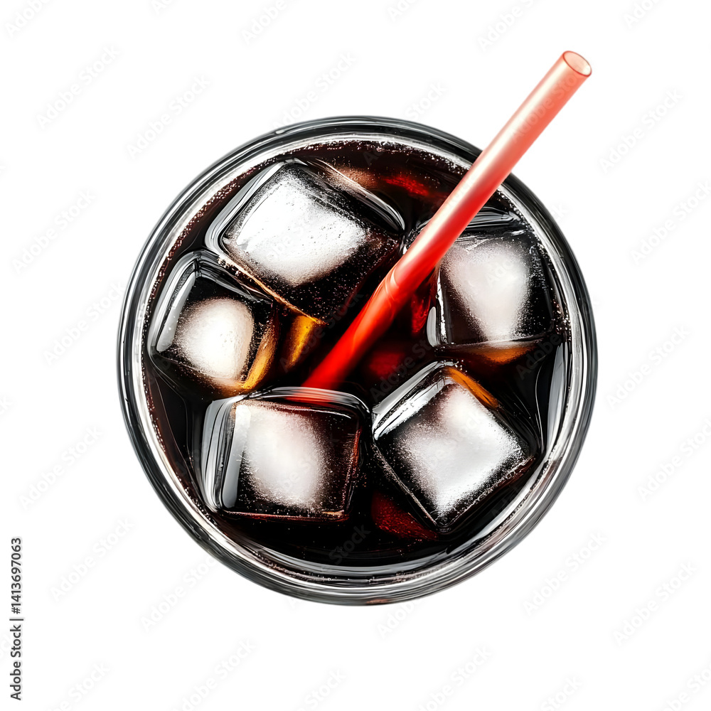 Poster refreshing drink image of cola with ice cubes and red straw on black background