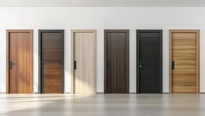 Fototapeta premium Modern Interior Doors Variety Wood Tones Minimalist Design