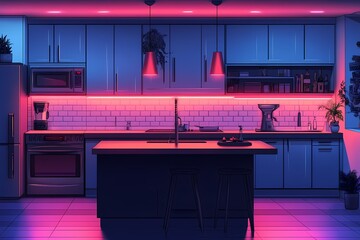 Modern Neon Two-Tone Kitchen: Stylish Interior Design with Azure and Pink Glow Featuring Cozy Cooking Space and Contemporary Home Decor