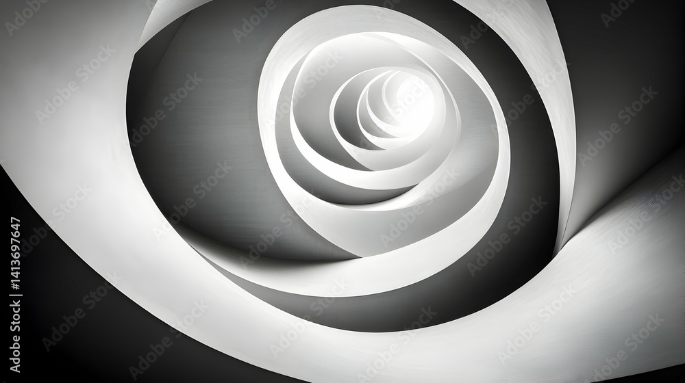 Poster abstract grayscale image of a spiraling architectural structure, showcasing a mesmerizing interplay 