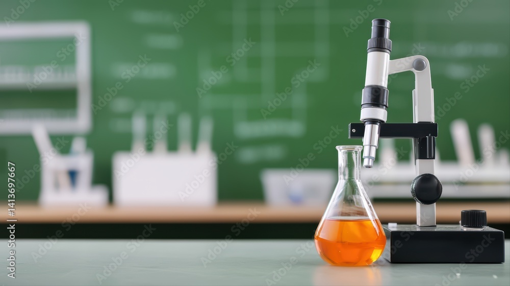 Poster microscope and flask with orange liquid on laboratory table