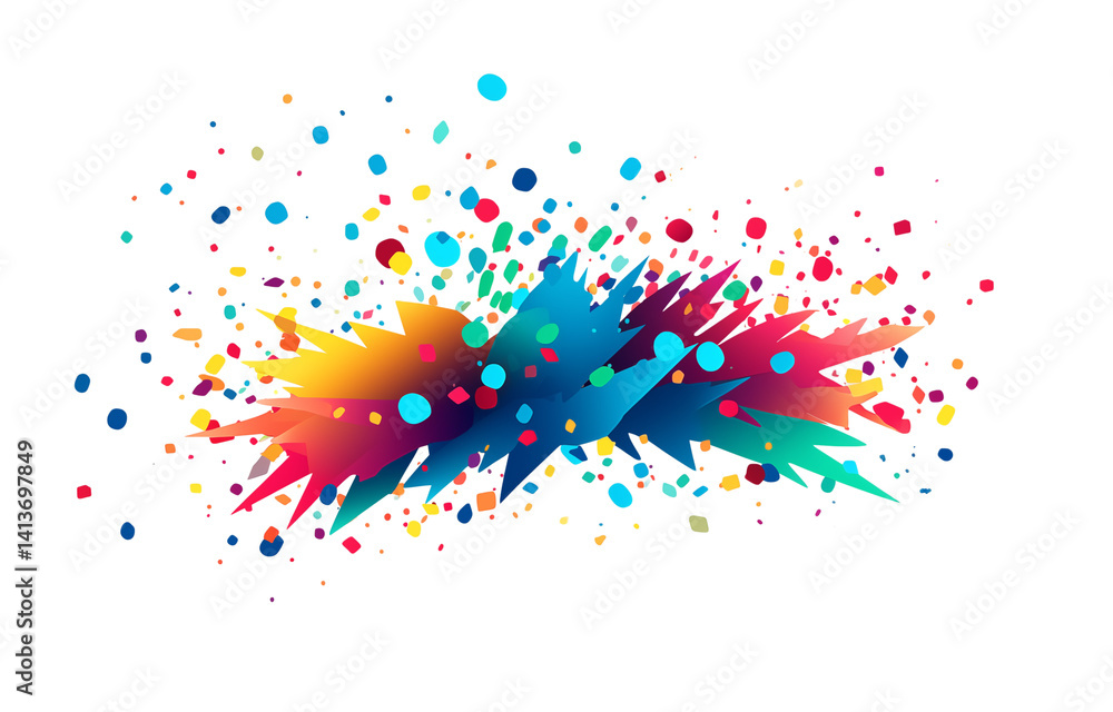 Poster a vibrant abstract design featuring colorful spikes and scattered confetti on a transparent backgrou