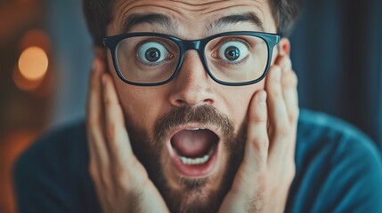 A surprised man holding his face in shock.
