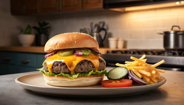 Mouthwatering cheeseburger paired with fries and fresh vegetable garnish, displayed on a plate in a warmly lit kitchen, evoking feelings of comfort and hunger in a homely atmosphere.