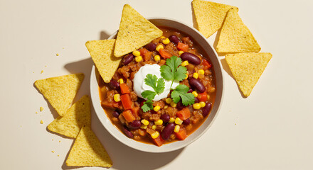 Hearty Bowl Of Chili With Corn Chips And Fresh Cream Appetizing Meal
