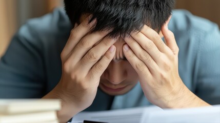 Fototapeta premium Young man experiencing stress and anxiety in office environment