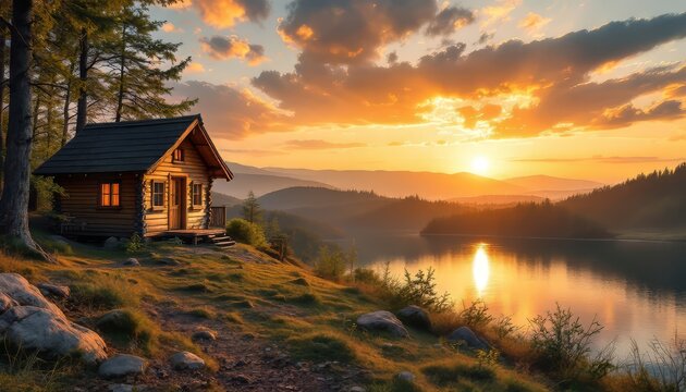 Rustic Log Cabin Sunset: Serene Lakeside Golden Hour Landscape - Powered by Adobe