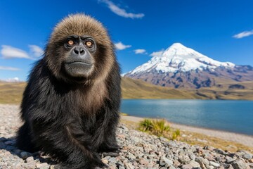 Naklejka premium A lone flamingo wading in the shallow waters of a high-altitude Bolivian lake, its pink reflection shimmering
