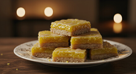 Elegant Stack Of Golden Lemon Bars On A Vintage Plate At Home