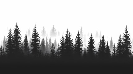 Fototapeta premium Misty Black and White Pine Trees in Boreal Forest: Serene Nature Photography