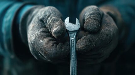 Hands holding a wrench in a workshop setting