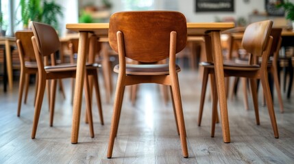 a warm inviting cafe setting highlighting the natural wooden textures of the chairs and tables with a soft and diffused light illuminating the scene