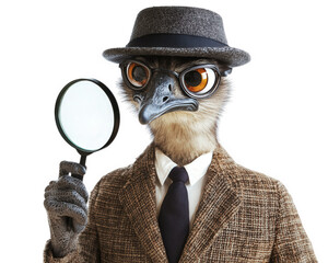 detective emu wearing stylish hat and holding magnifying glass, exuding air of mystery and curiosity. This unique character blends humor and intrigue, perfect for storytelling