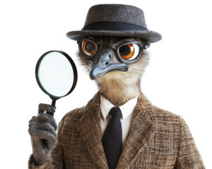detective emu wearing stylish hat and holding magnifying glass, exuding air of mystery and curiosity. This unique character blends humor and intrigue, perfect for storytelling