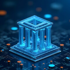 Futuristic Hologram of Classical Building on Digital Circuit