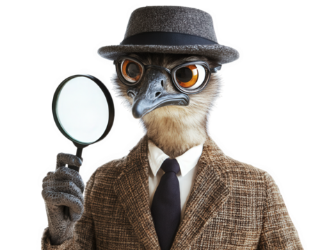 detective emu wearing stylish hat and holding magnifying glass, exuding air of mystery and curiosity. This unique character blends humor and intrigue, perfect for storytelling
