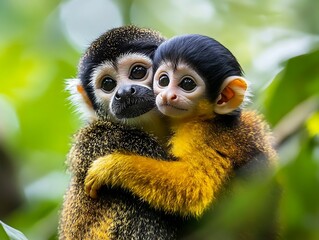 Fototapeta premium Two Monkeys Hugging in Lush Green Foliage