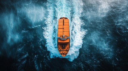 
A container ship battles massive waves in a turbulent ocean seen from above symbolizing volatile markets economic instability and the struggle to navigate financial crises in uncertain times

