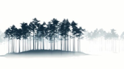 Misty Forest Landscape: Tranquil Nature Silhouette with Pine Trees and Serene Atmosphere