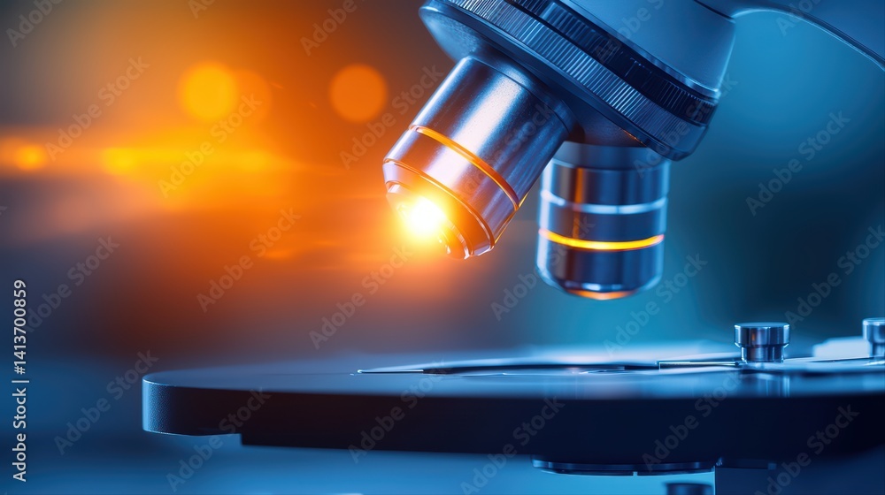 Poster close-up of microscope lens with led light and background glow