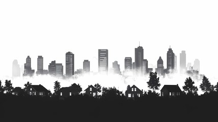 Fototapeta premium Urban Skyline Silhouette: A Monochrome Cityscape in the Misty Horizon - Atmospheric View of Modern Architecture and City Life