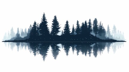 Fototapeta premium Serene Forest Reflection: Tranquil Evergreen Trees in Misty Woodland Landscape – Capturing Nature's Serenity and Peacefulness