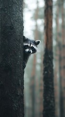 Raccoon Peeking Behind Tree in Forest Vertical