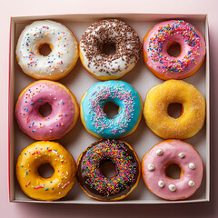 A vibrant box of assorted donuts with sprinkles, frosting, and cream filling, set against a soft pastel background. Perfect for food blogs, ads, and dessert branding