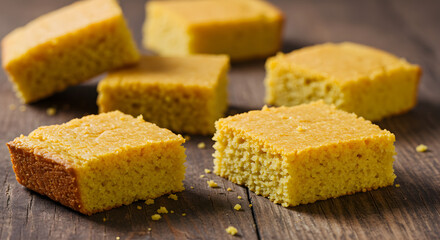 Homemade Golden Cornbread Slices Arranged Attractively On Rustic Wood Surface