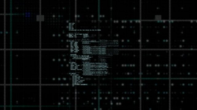 Programming code overlays animation on black background with flickering small dots pattern. High tech animation with generating software lanugage quickly