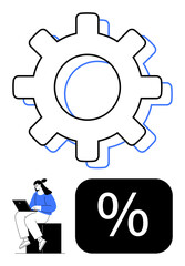 Large gear symbol paired with percentage sign and person working on a laptop. Ideal for concepts thumbs up productivity, data analysis, technology, efficiency, business planning, automation, flat