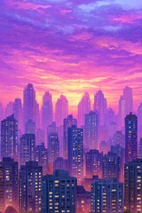 Obraz premium Purple And Orange City Skyline Sunset Digital Painting