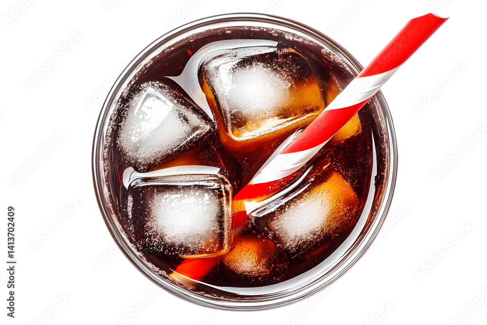 Poster top view photo of refreshing cola drink with ice cubes and a straw isolated on black background