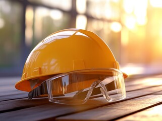 Photo of a yellow construction helmet and safety glasses on a wooden table, with a blurred building visible under the sunset light.
