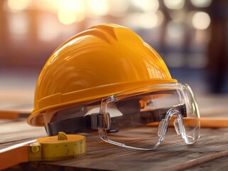 Photo of a yellow construction helmet and safety glasses on a wooden table, with a blurred building visible under the sunset light.