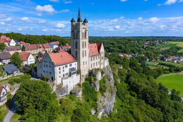 Obraz premium A majestic castle with red-roofed towers, standing tall above a medieval European village
