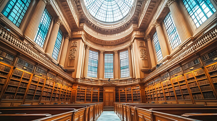 Obraz premium Majestic library interior with ornate architecture, tall bookshelves filled with books, and a glass dome ceiling. Perfect for education, history, or knowledge themes.