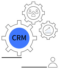 CRM system inside blue gear, customer icon, and growth chart interconnected with gears. Ideal for business management, process automation, customer engagement, data analysis, workflow optimization