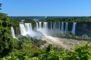 A massive waterfall at Iguazu Falls, with powerful cascades and lush green surroundings