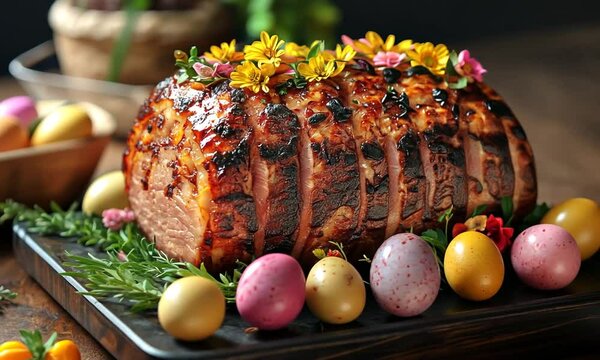 A beautifully glazed ham centerpiece adorned with flowers and colorful Easter eggs on a wooden table