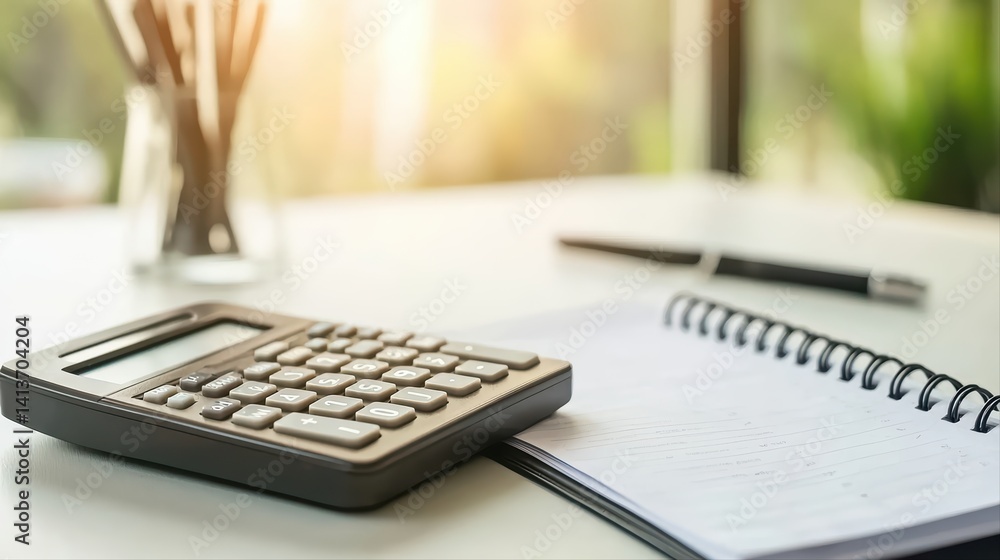 Poster desk scene with calculator and notebook in soft lighting