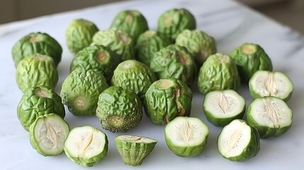 Fototapeta premium Harvest of Fresh Green Chayote Squash on White Surface ready to cook