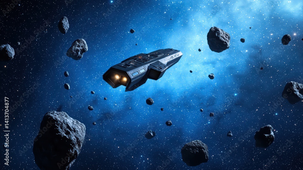 Poster spacecraft navigating through asteroid field in outer space