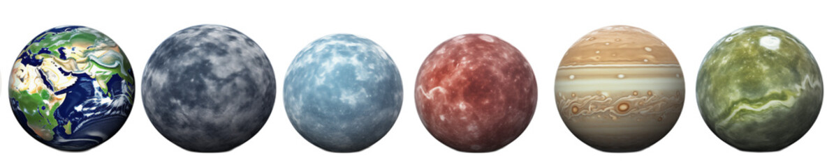 Fototapeta premium A row of six planet like spheres against a transparent background in a horizontal composition view png