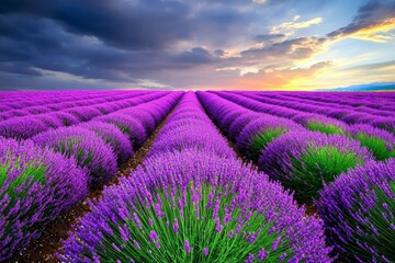 Naklejka premium A picturesque lavender field in Provence, France, stretching to the horizon under a warm summer sky