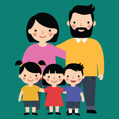 Cheerful Cartoon Family with Three Children Vector Illustration