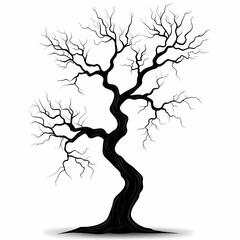 Monochrome Vector Illustration of a Bare Tree with Twisted Trunk: An Abstract Silhouette Art Highlighting Nature's Minimalist and Eco-Friendly Aesthetic
