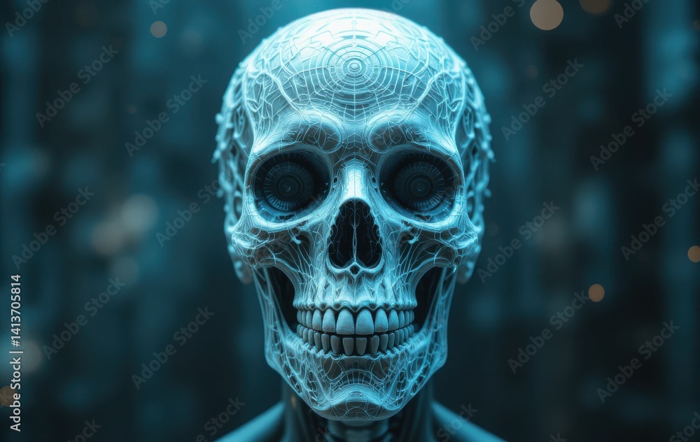 Poster detailed human skull with intricate patterns on cyan backdrop